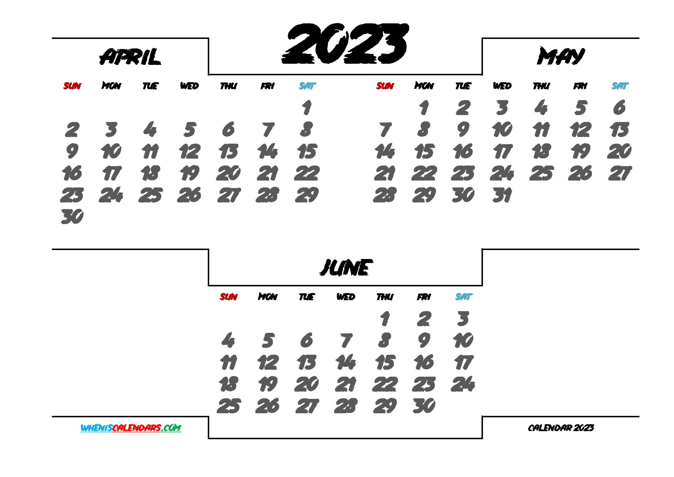 Free April May June 2023 Quarterly Calendar