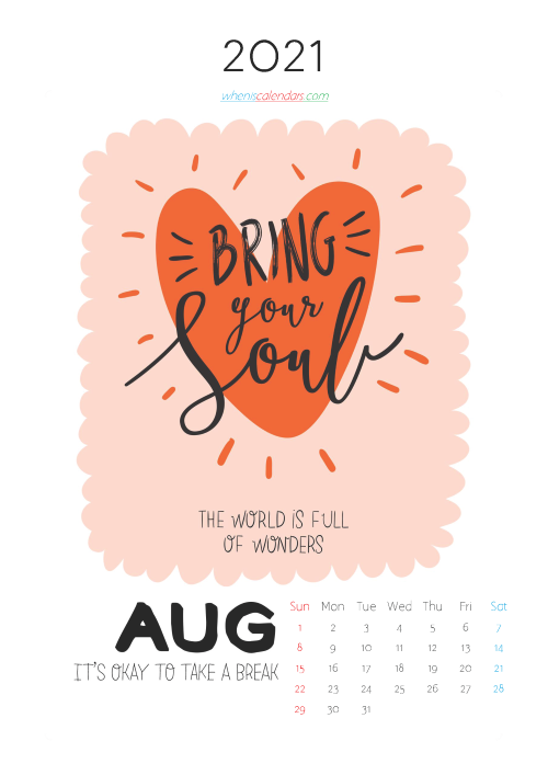 Calendar for Kids Printable August 2021