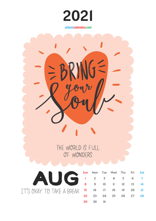 Free August 2021 Calendar for Kids Printable
