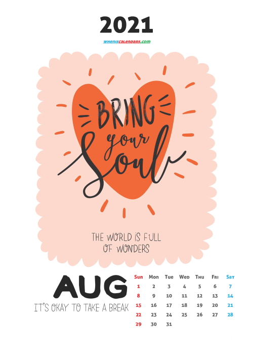 Cute Calendar Printable August 2021
