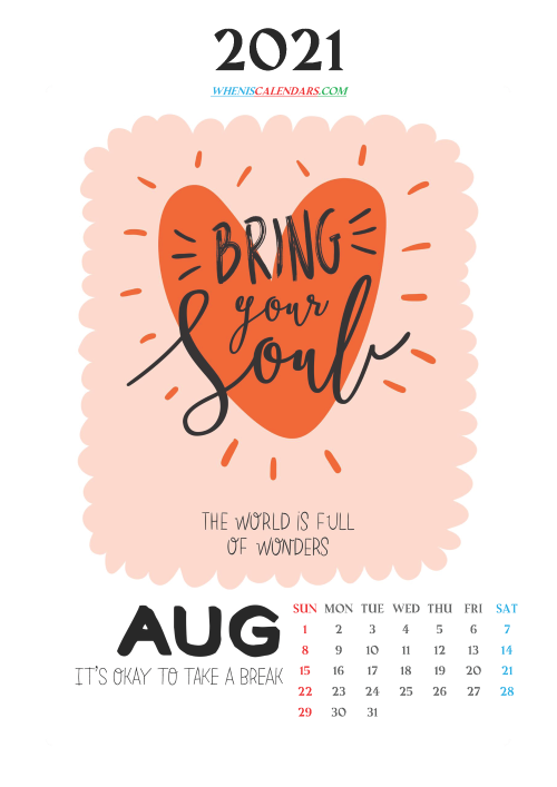 Free August 2021 Cute Calendar