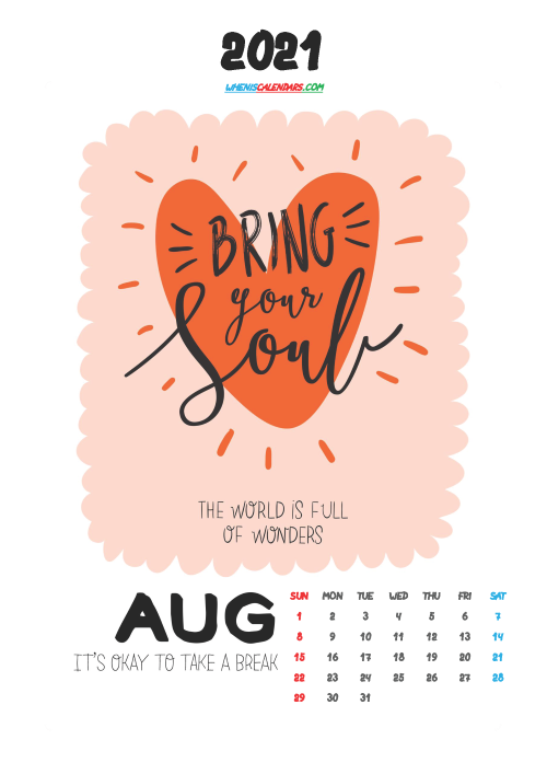 Free August 2021 Calendar for Kids Printable