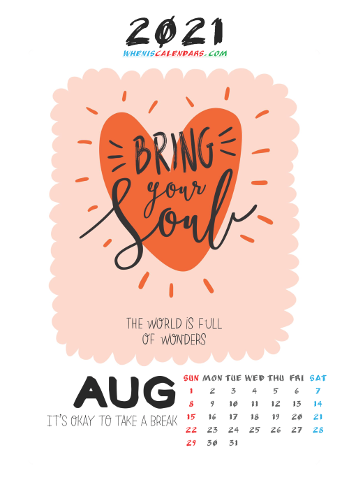 Cute Calendar Printable August 2021