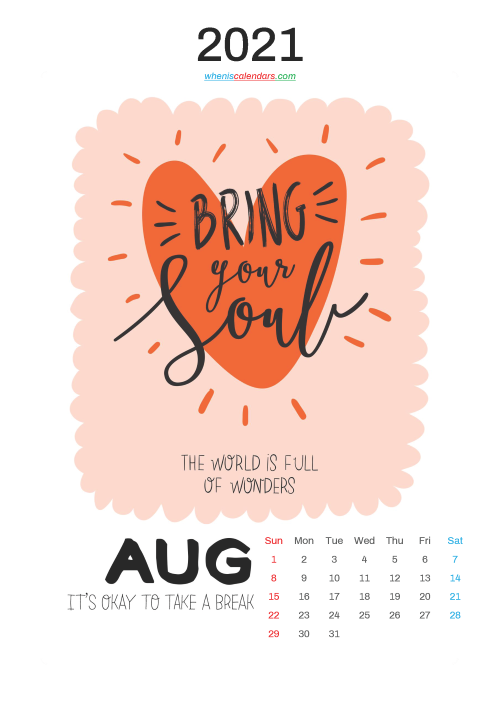 Free Cute Calendar Printable August 2021