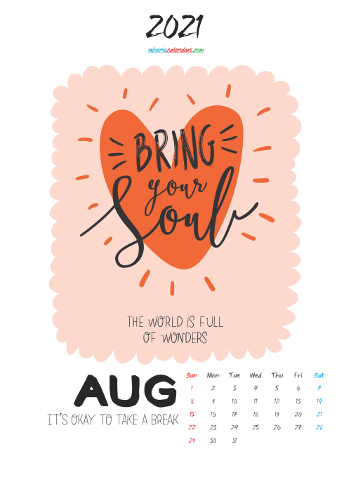 August 2021 Cute CalendarPrintable