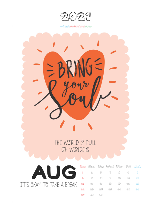 Free August 2021 Cute Calendar