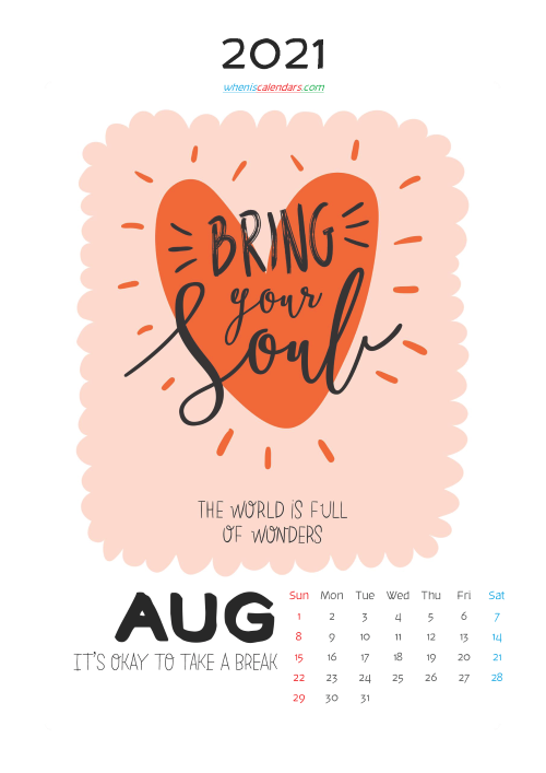 August 2021 Calendar for Kids Printable
