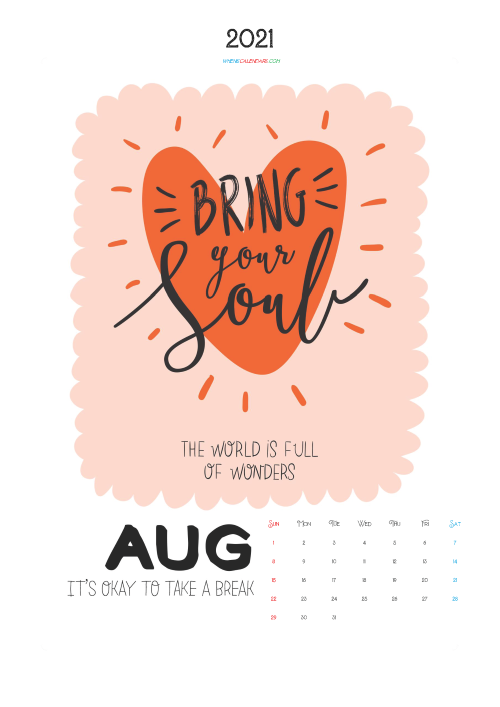 Free Calendar for Kids Printable August 2021