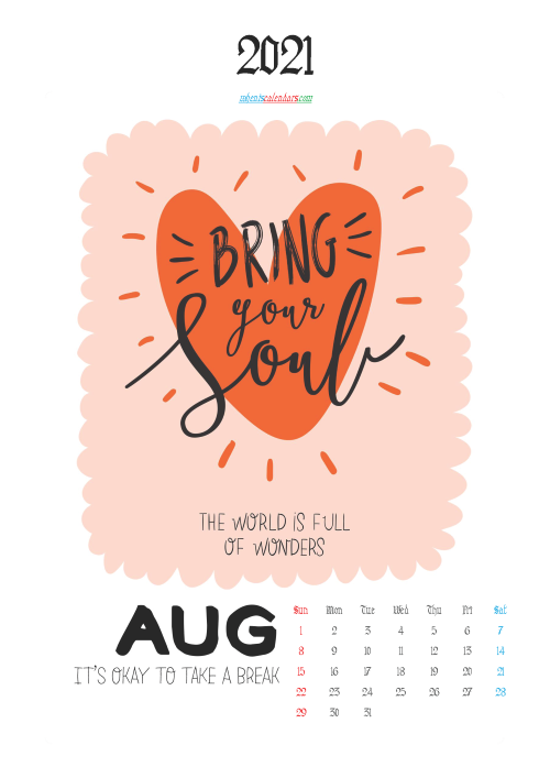 Calendar for Kids Printable August 2021