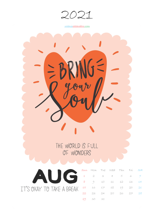 August 2021 Calendar Printable for Kids