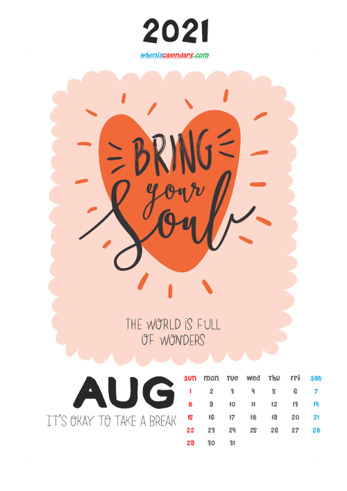 August 2021 Calendar Printable for Kids
