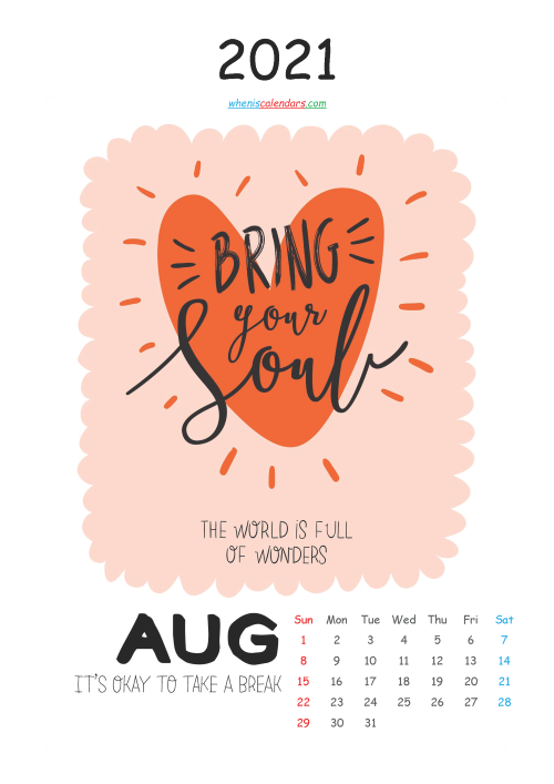 Free Calendar for Kids Printable August 2021