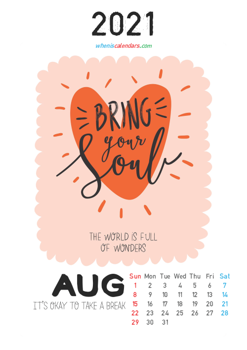 Free Cute Calendar Printable August 2021