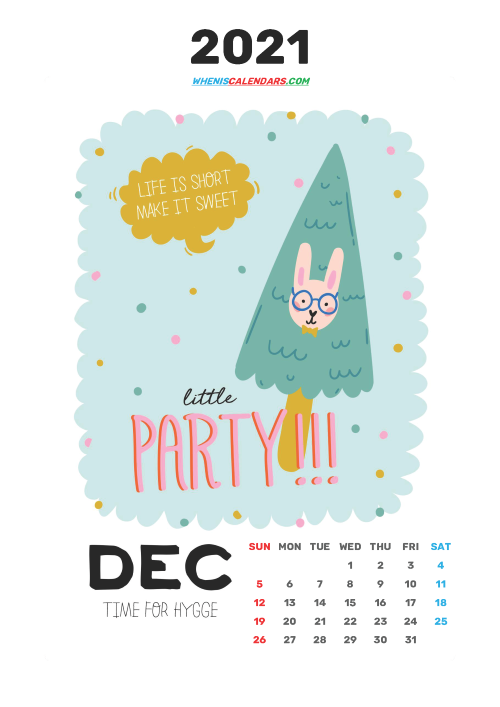Free December 2021 Calendar for Kids Printable