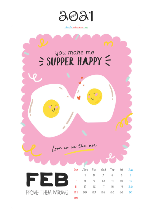 Free Cute Calendar Printable February 2021