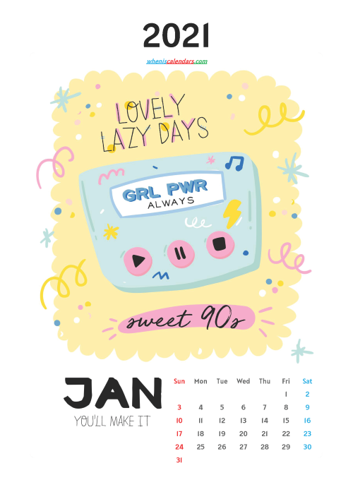 Free January 2021 Calendar for Kids Printable