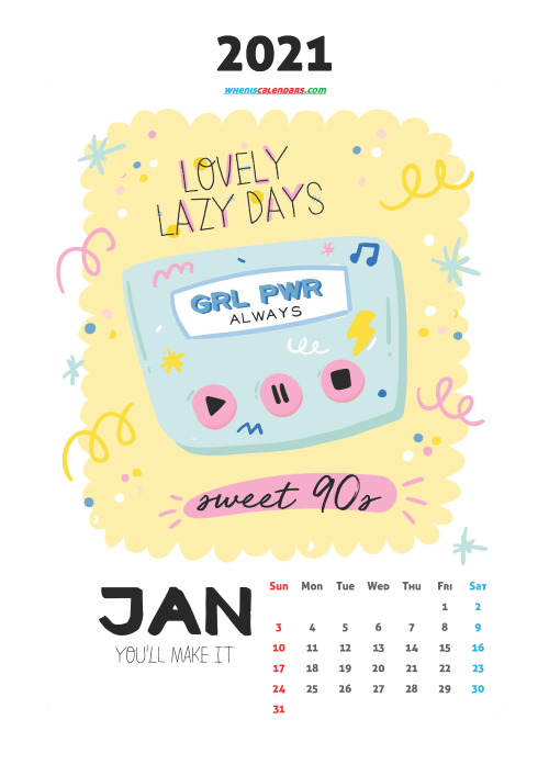 Cute Calendar Printable January 2021