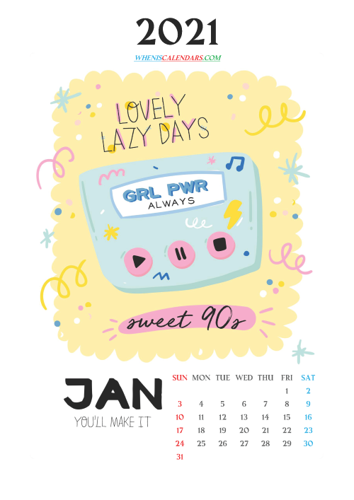 Free January 2021 Cute Calendar