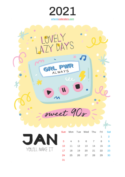 Free Cute Calendar Printable January 2021