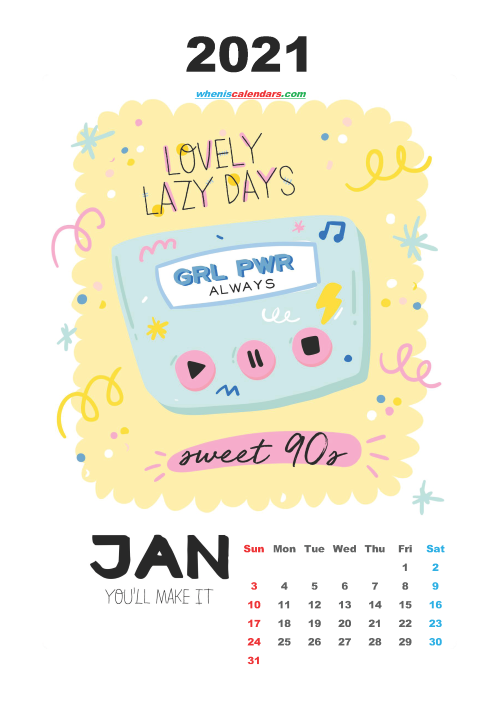 Free January 2021 Cute Calendar