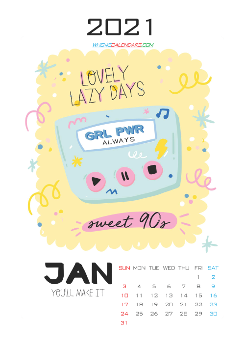 Calendar for Kids Printable January 2021