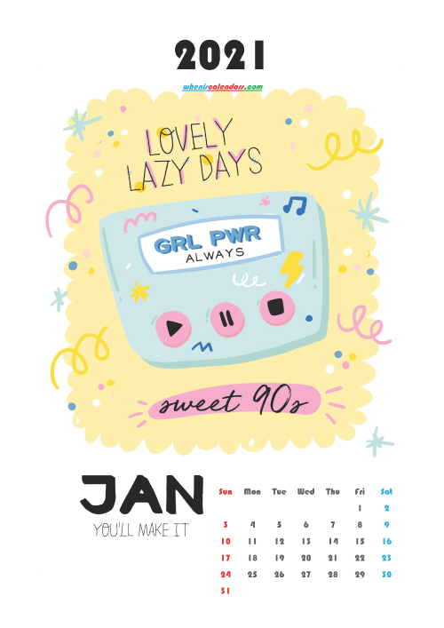 Cute Calendar Printable January 2021
