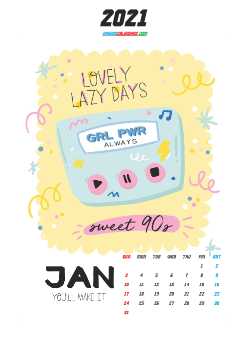 Free January 2021 Calendar for Kids Printable