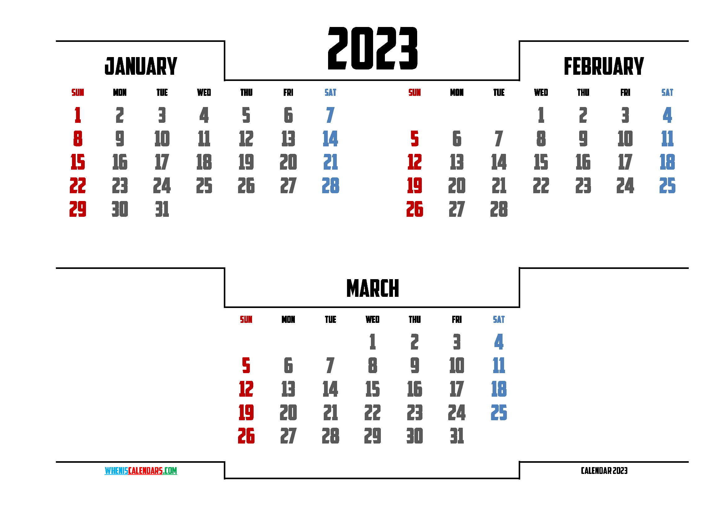 January February March 2023 Printable 3 Month Calendar