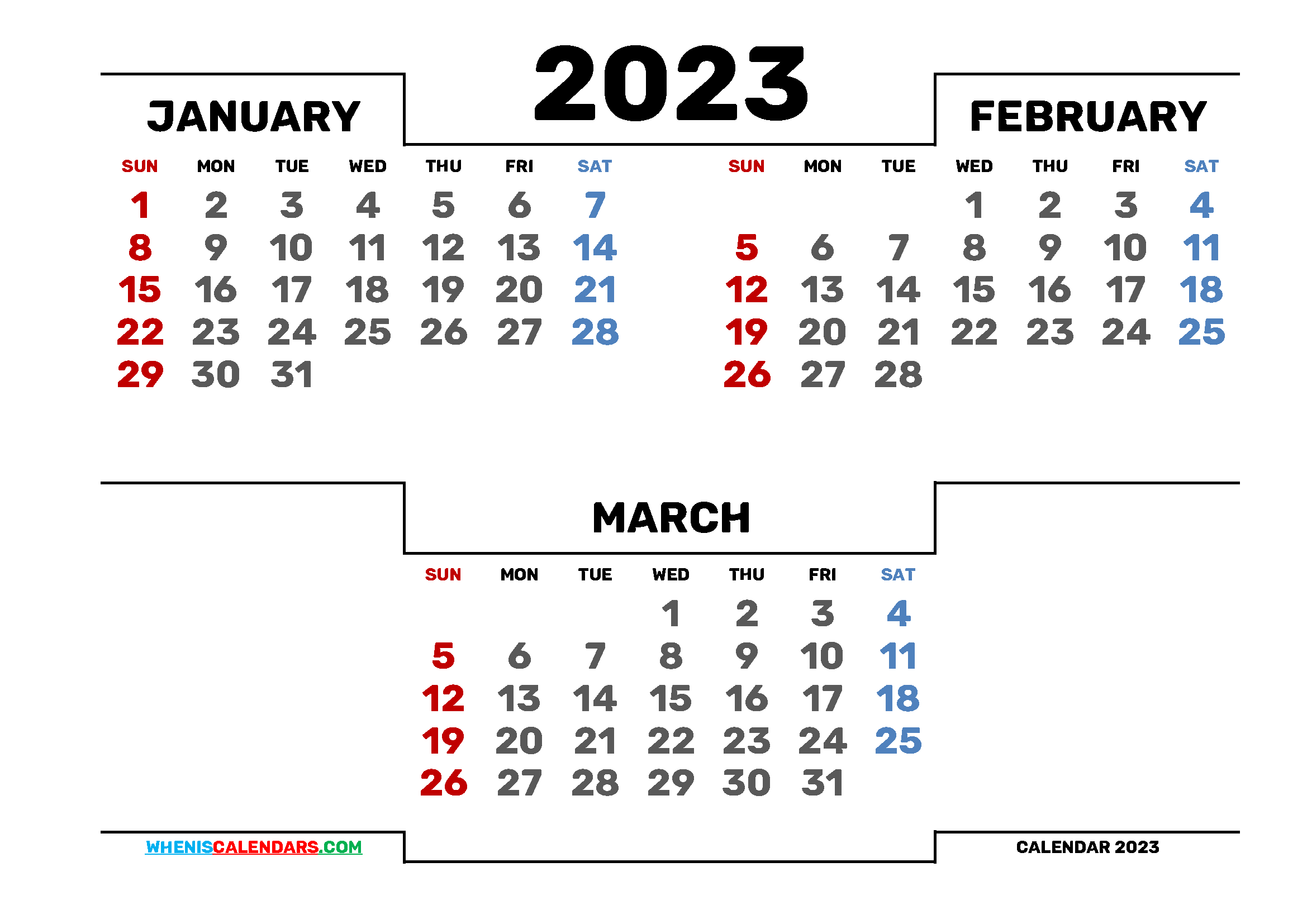 Free January February March 2023 Quarterly Calendar