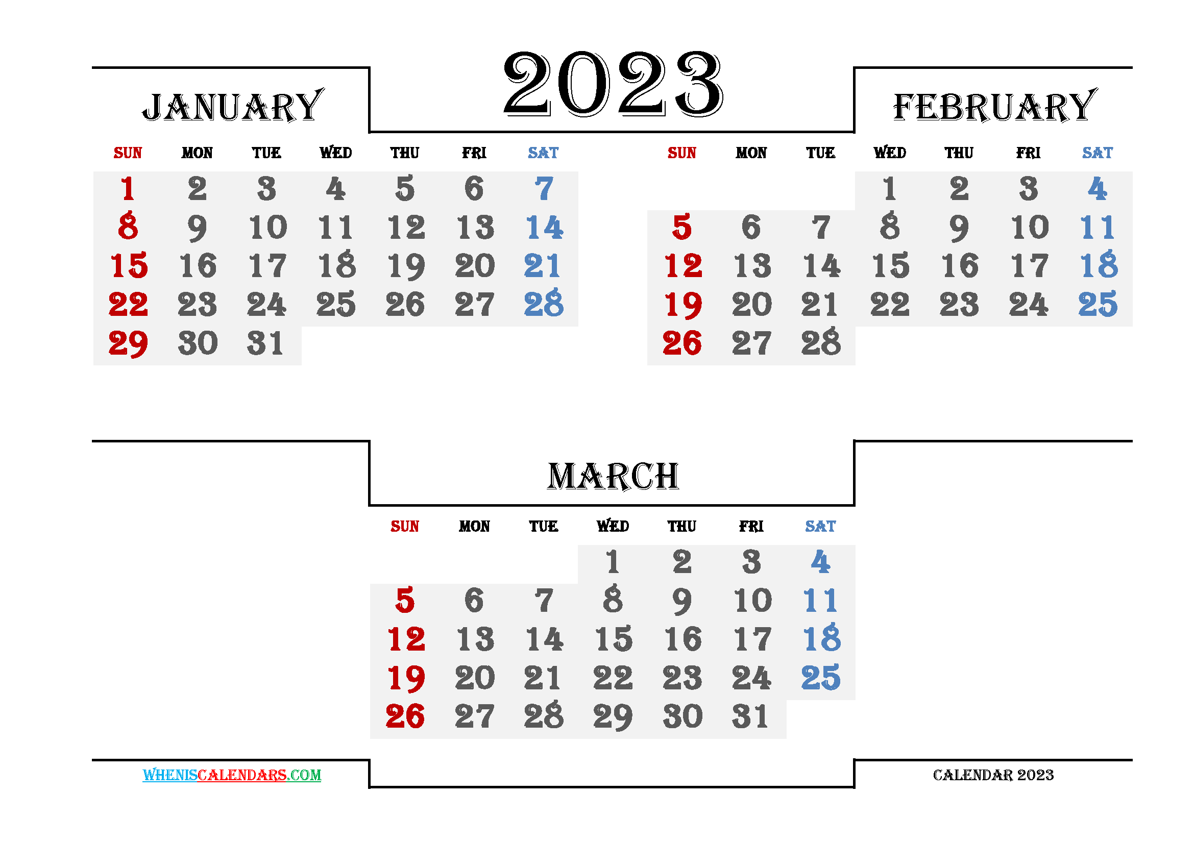 January February March 2023 Printable 3 Month Calendar