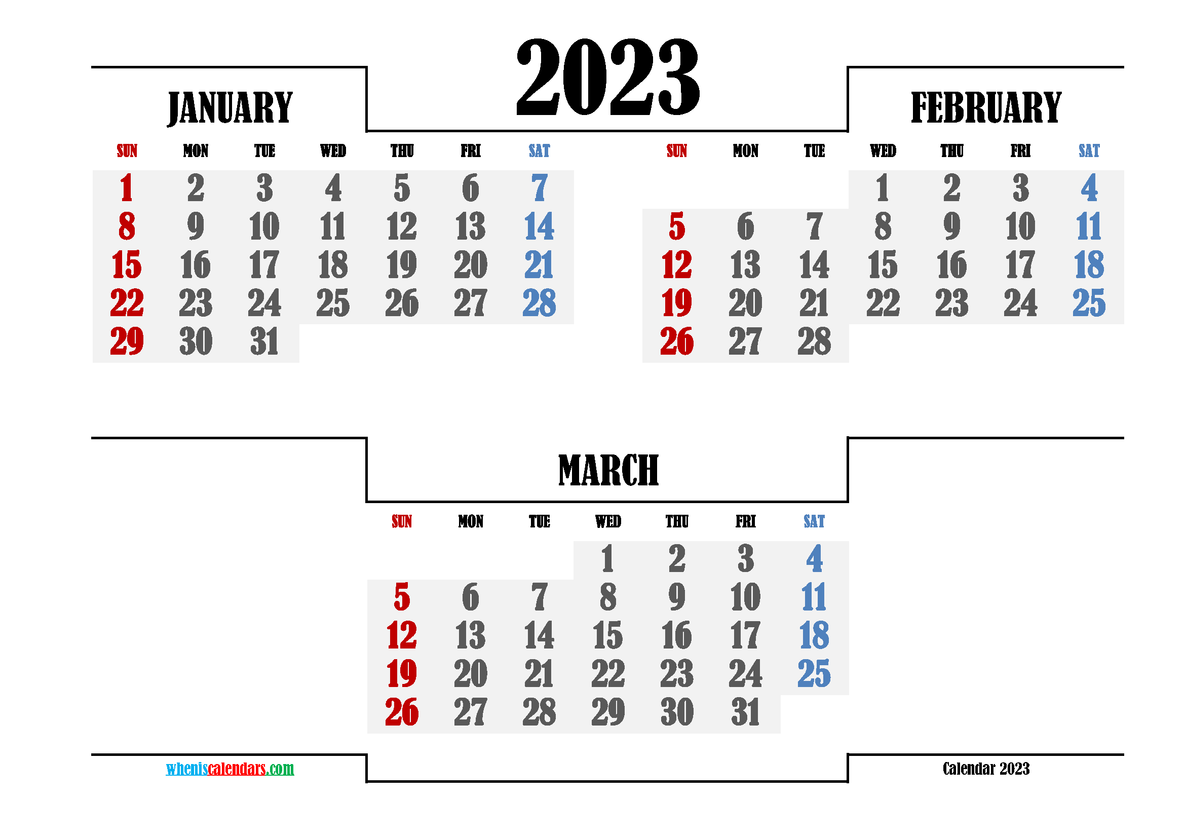 January February March 2023 Printable Calendar Free