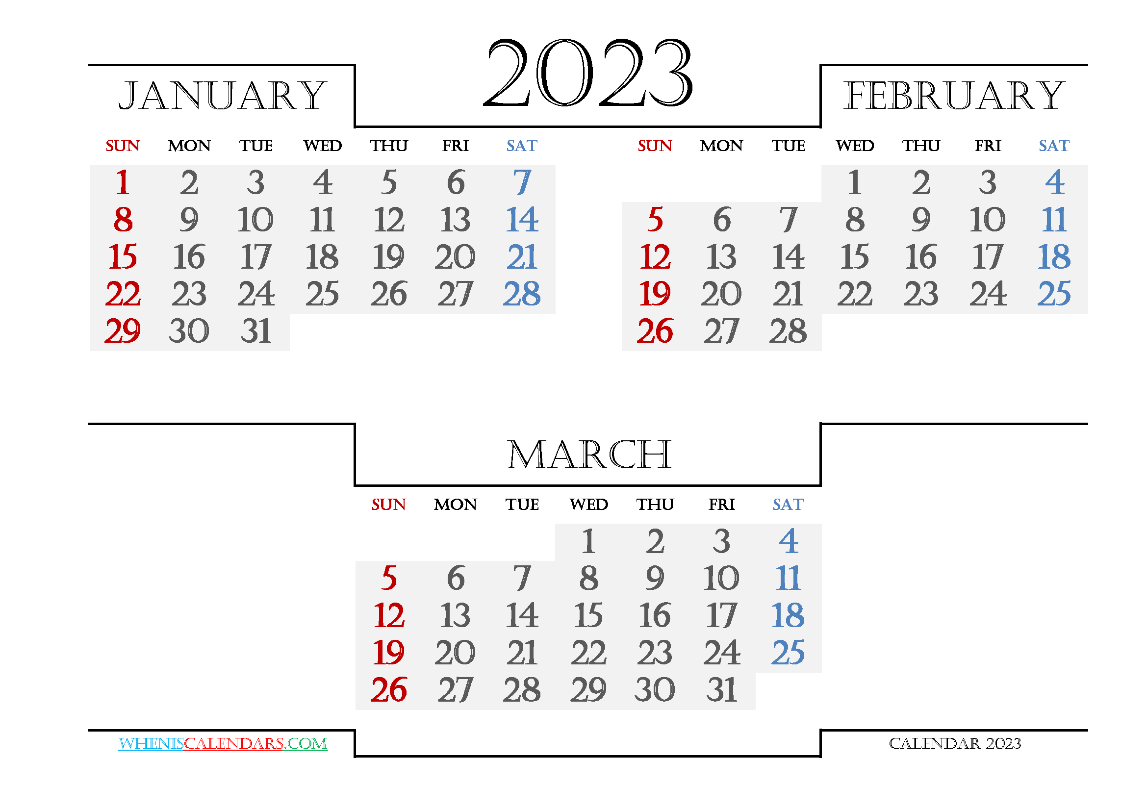 January February March 2023 Printable Calendar Free