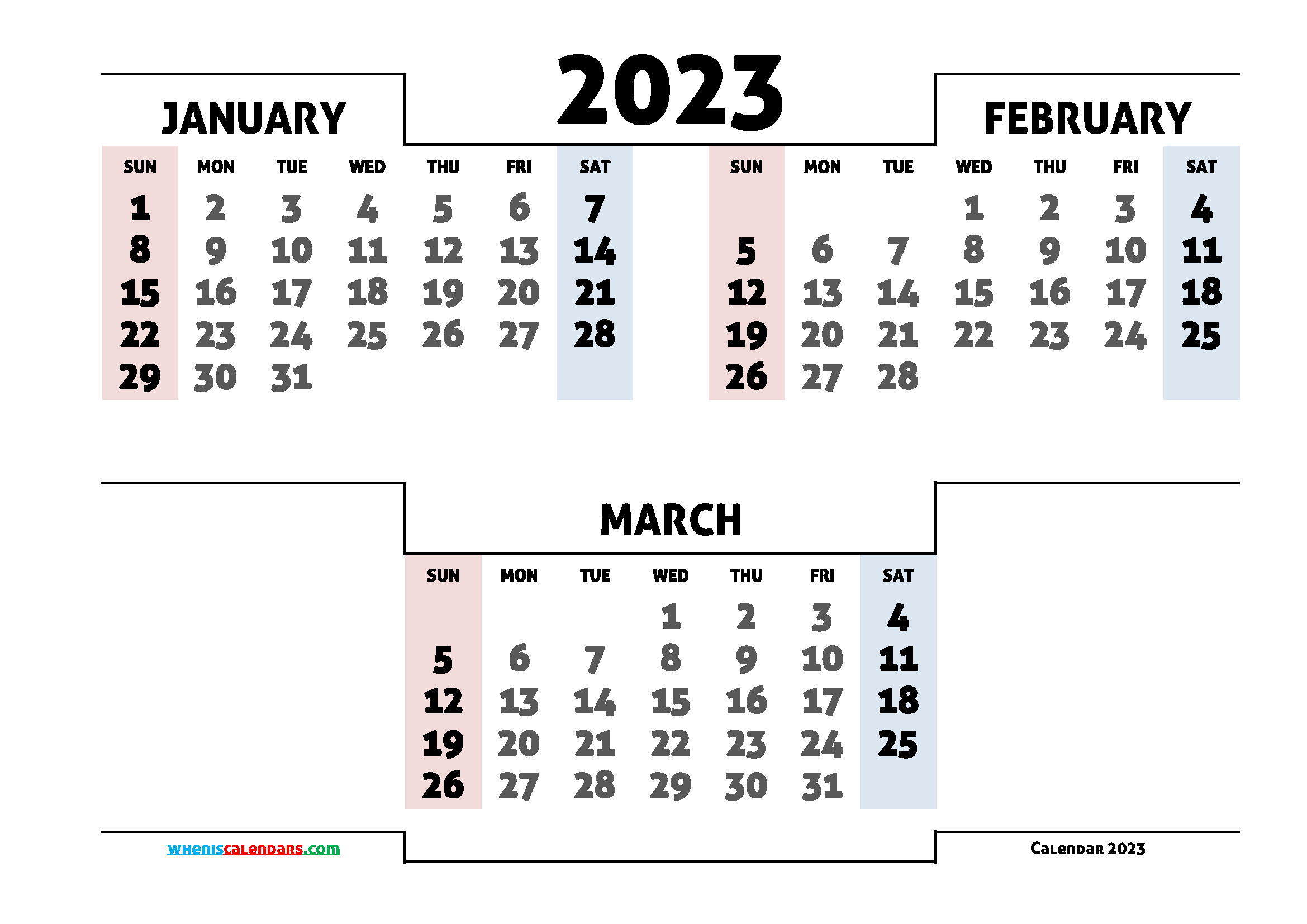 January February March 2023 Printable Quarterly Calendar