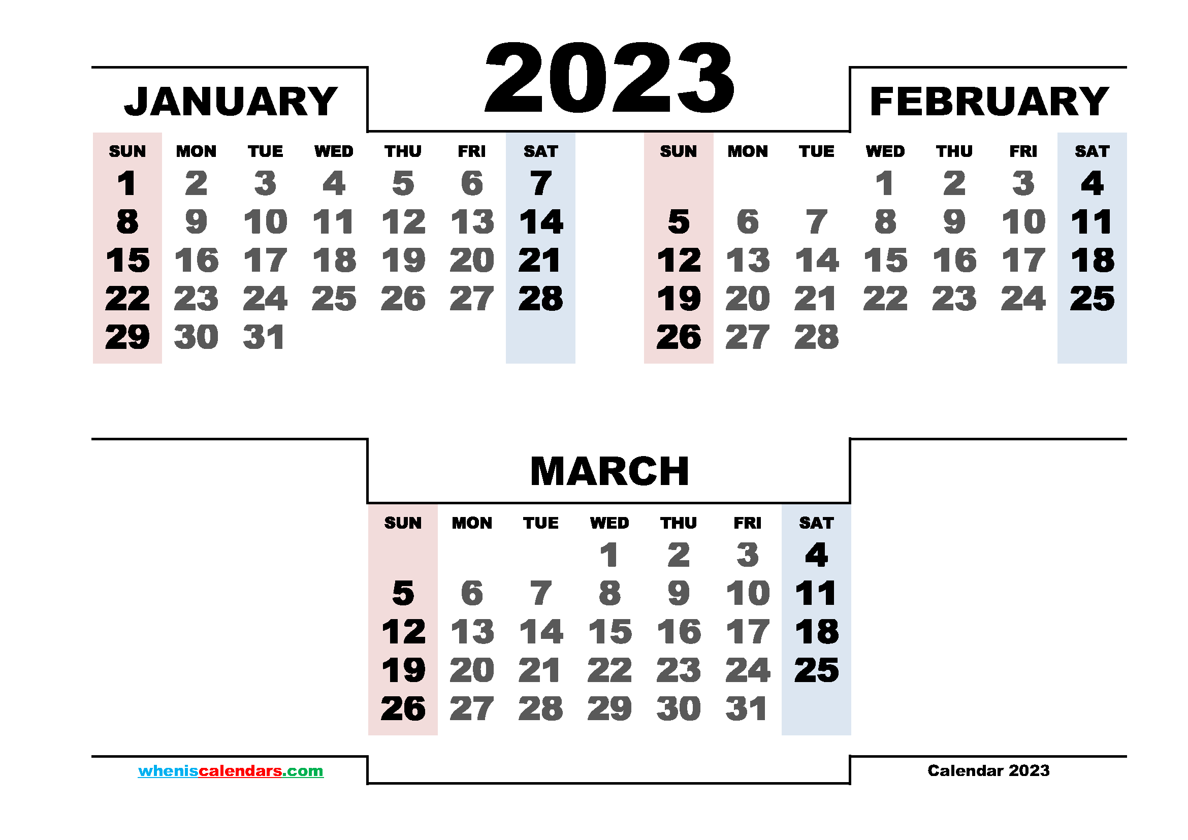 January February March 2023 Three Month Calendar