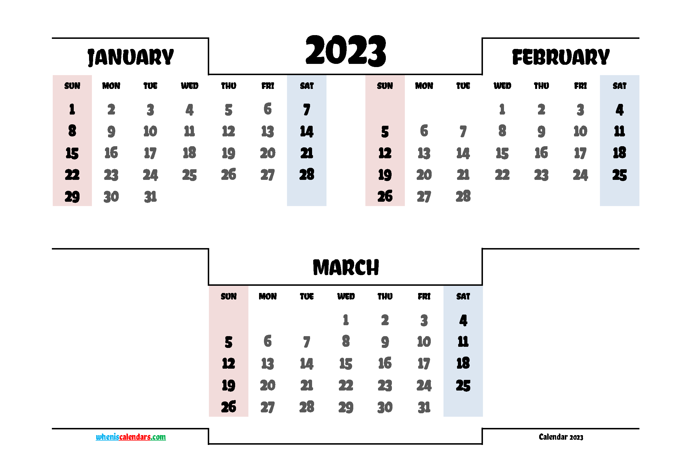Free January February March 2023 Quarterly Calendar