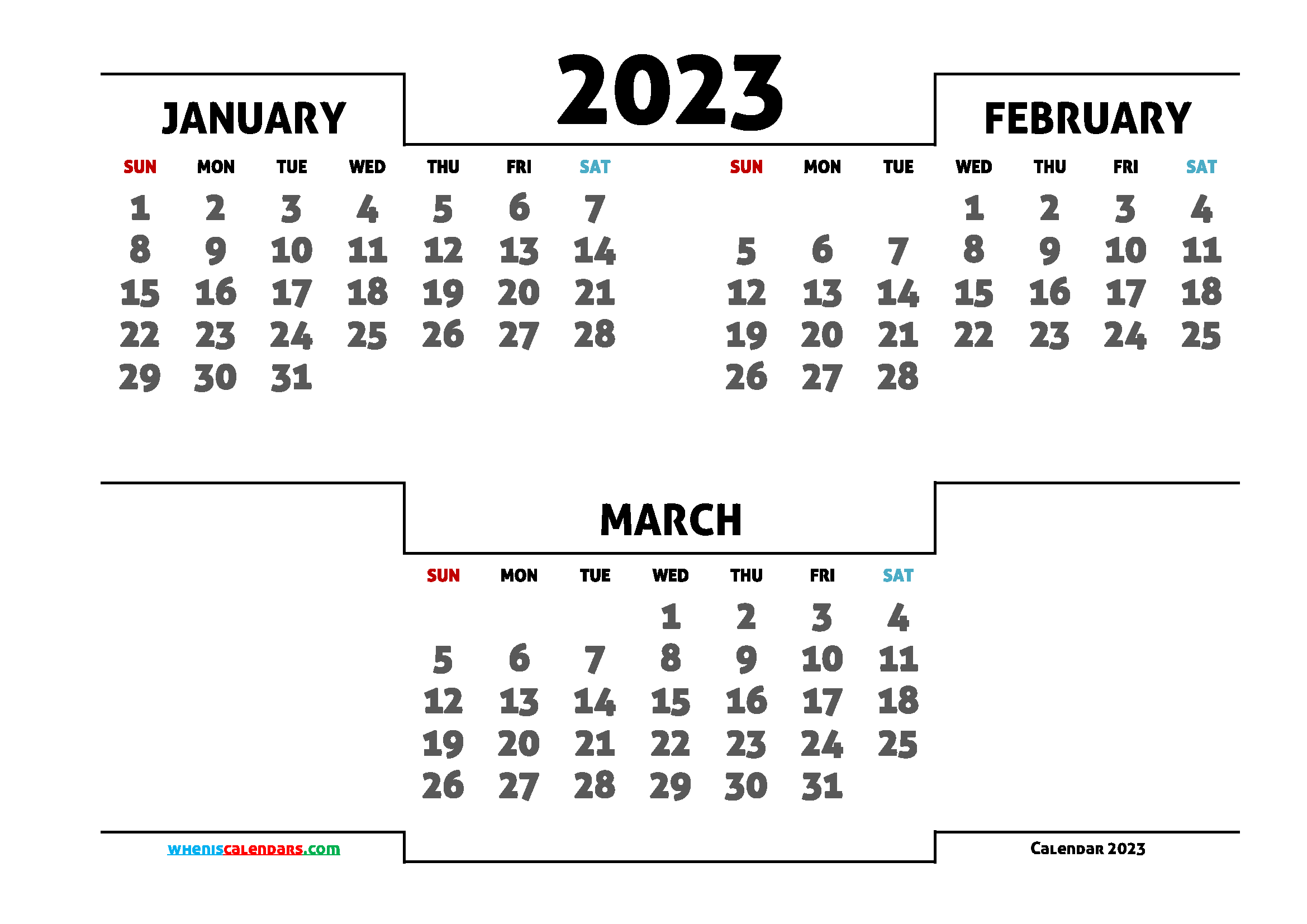 Printable January February March 2023 3 Month Calendar