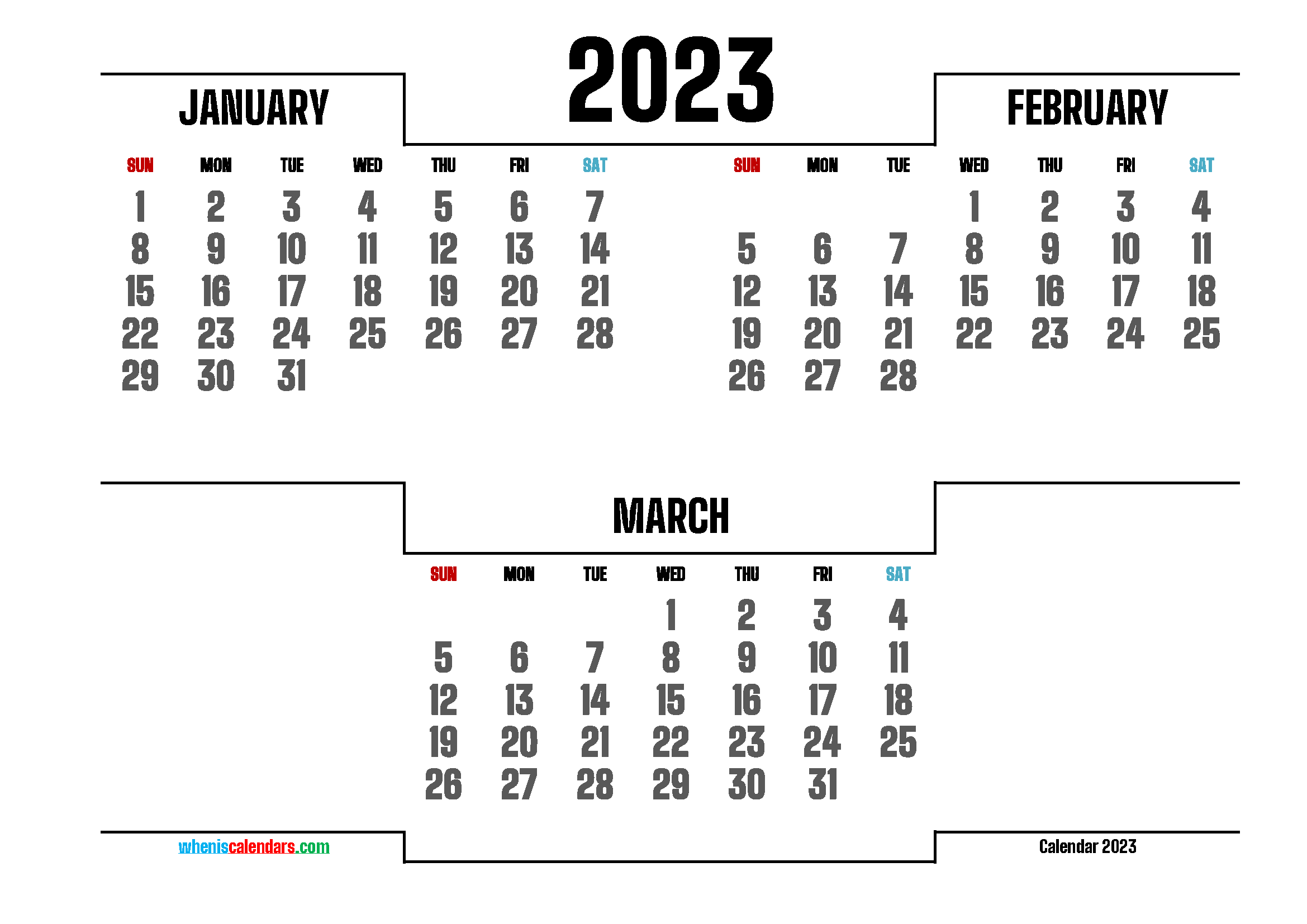 Calendar January February March 2023 Printable
