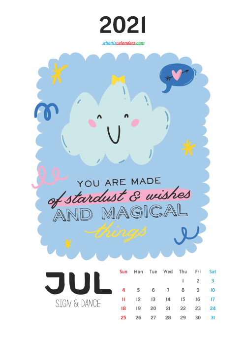 Free July 2021 Calendar for Kids Printable