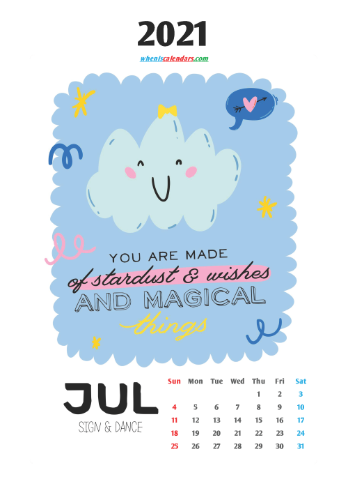Calendar for Kids Printable July 2021