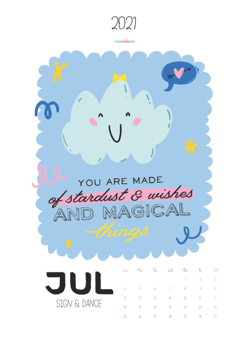 Free Cute Calendar Printable July 2021