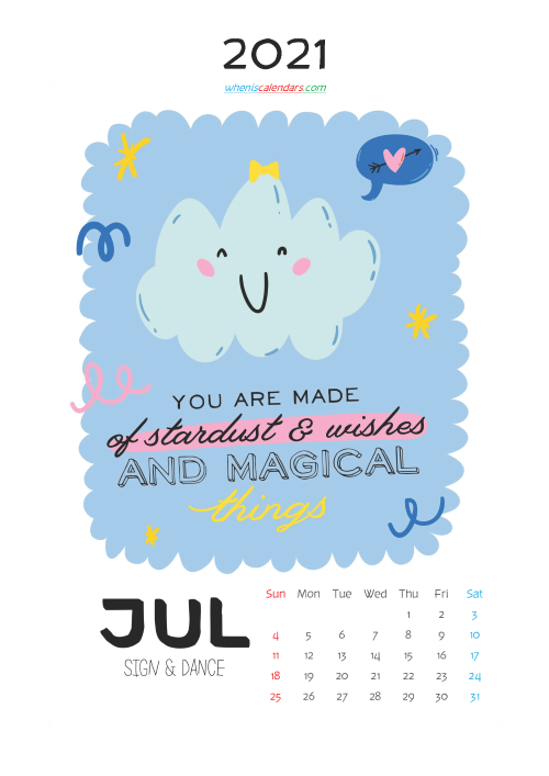 July 2021 Calendar for Kids Printable