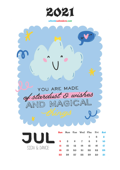 July 2021 Calendar for Kids Printable