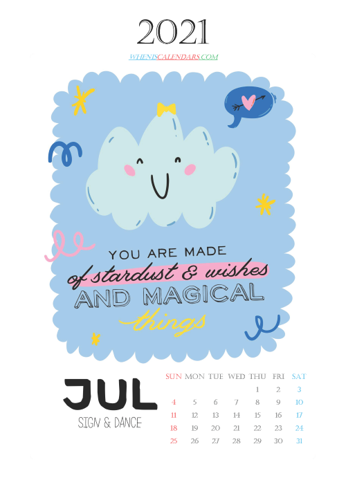 Free Calendar for Kids Printable July 2021