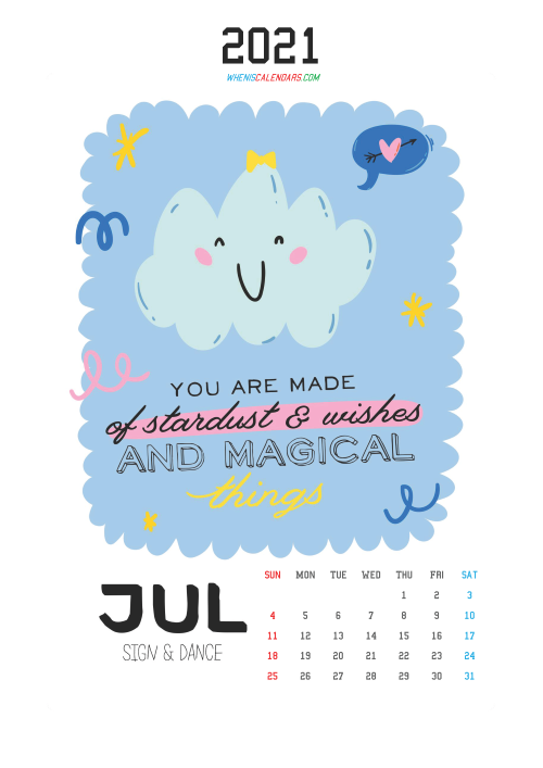 Free July 2021 Cute Calendar