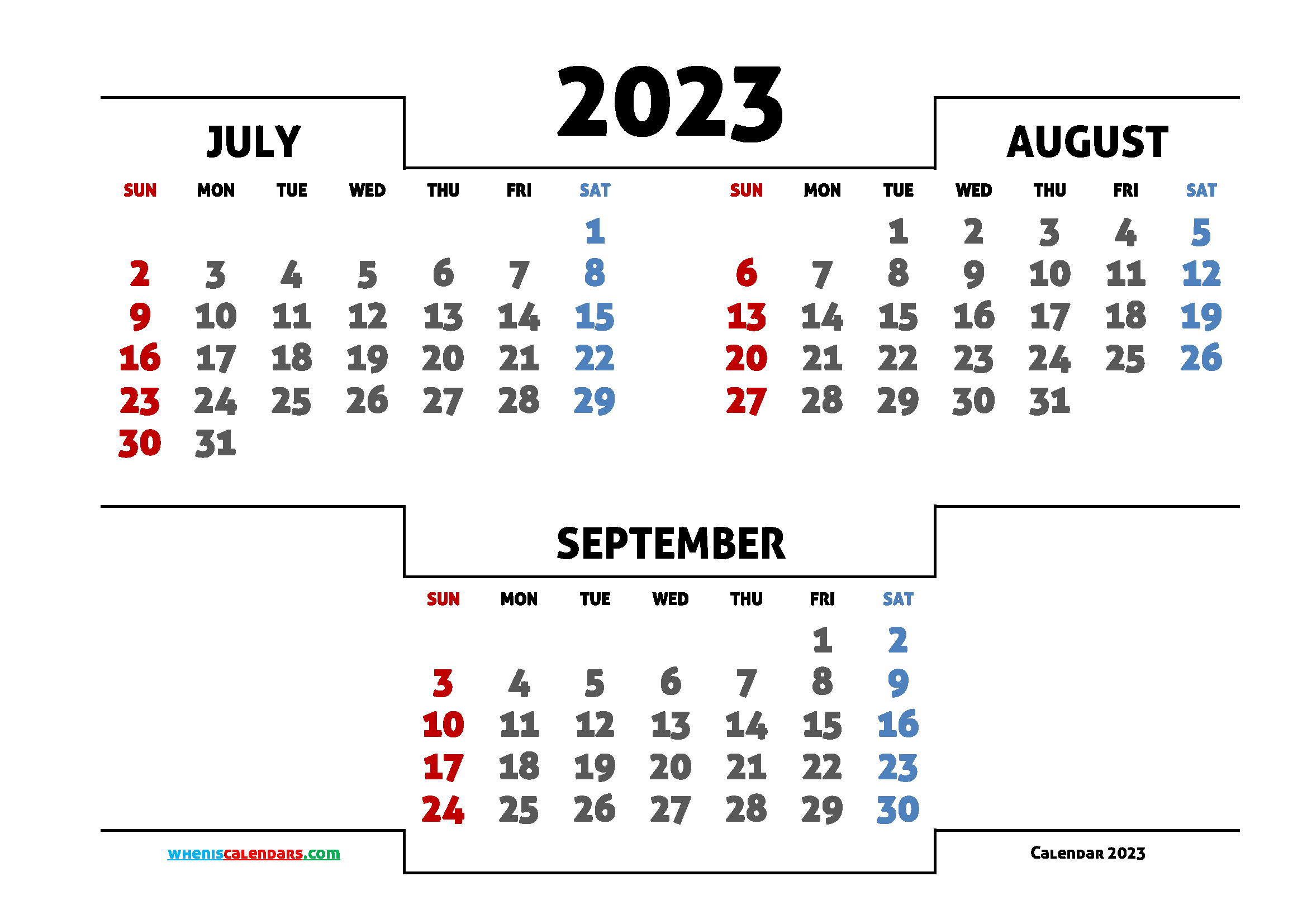 July August September 2023 Printable Calendar Free