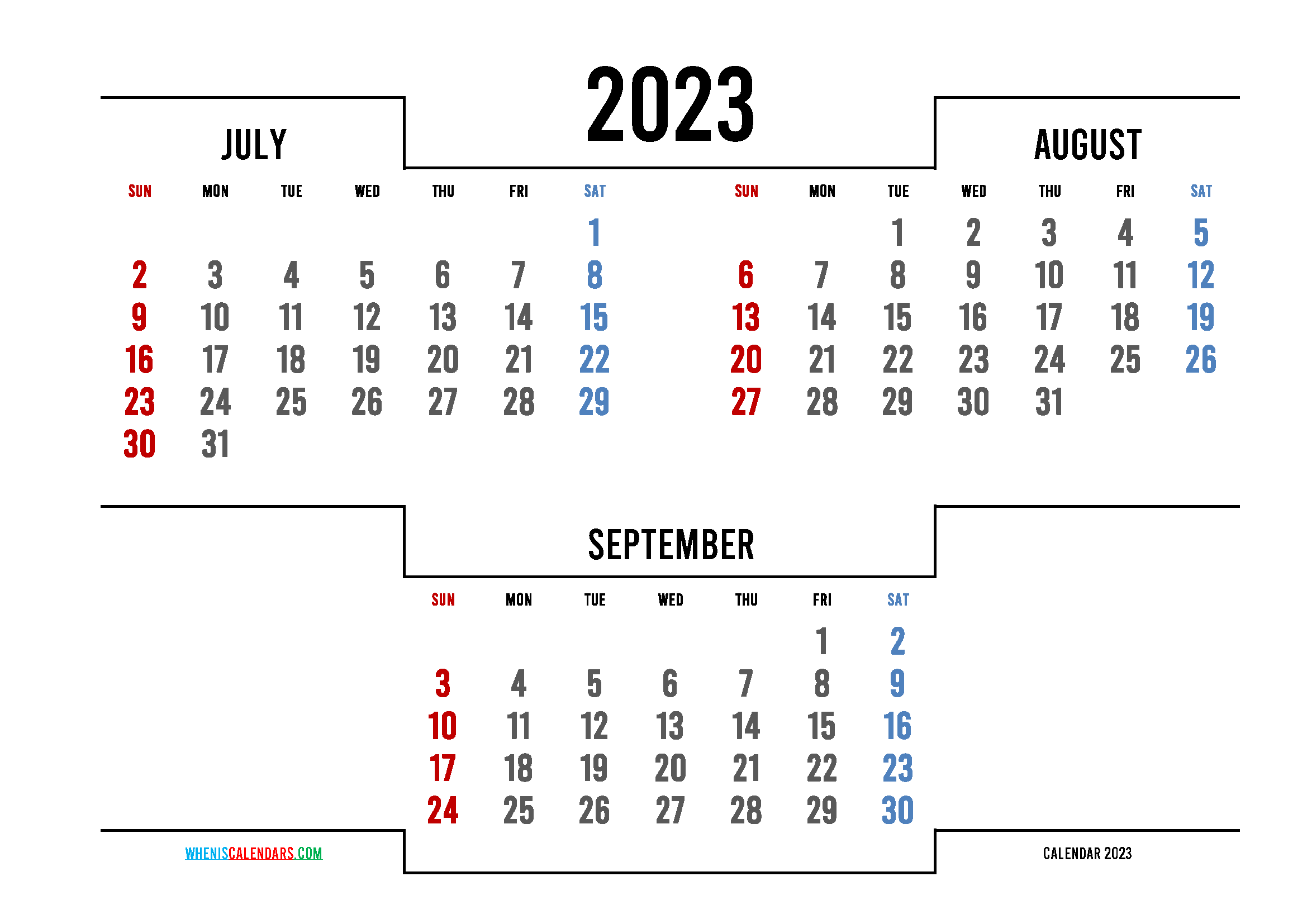 July August September 2023 Printable 3 Month Calendar