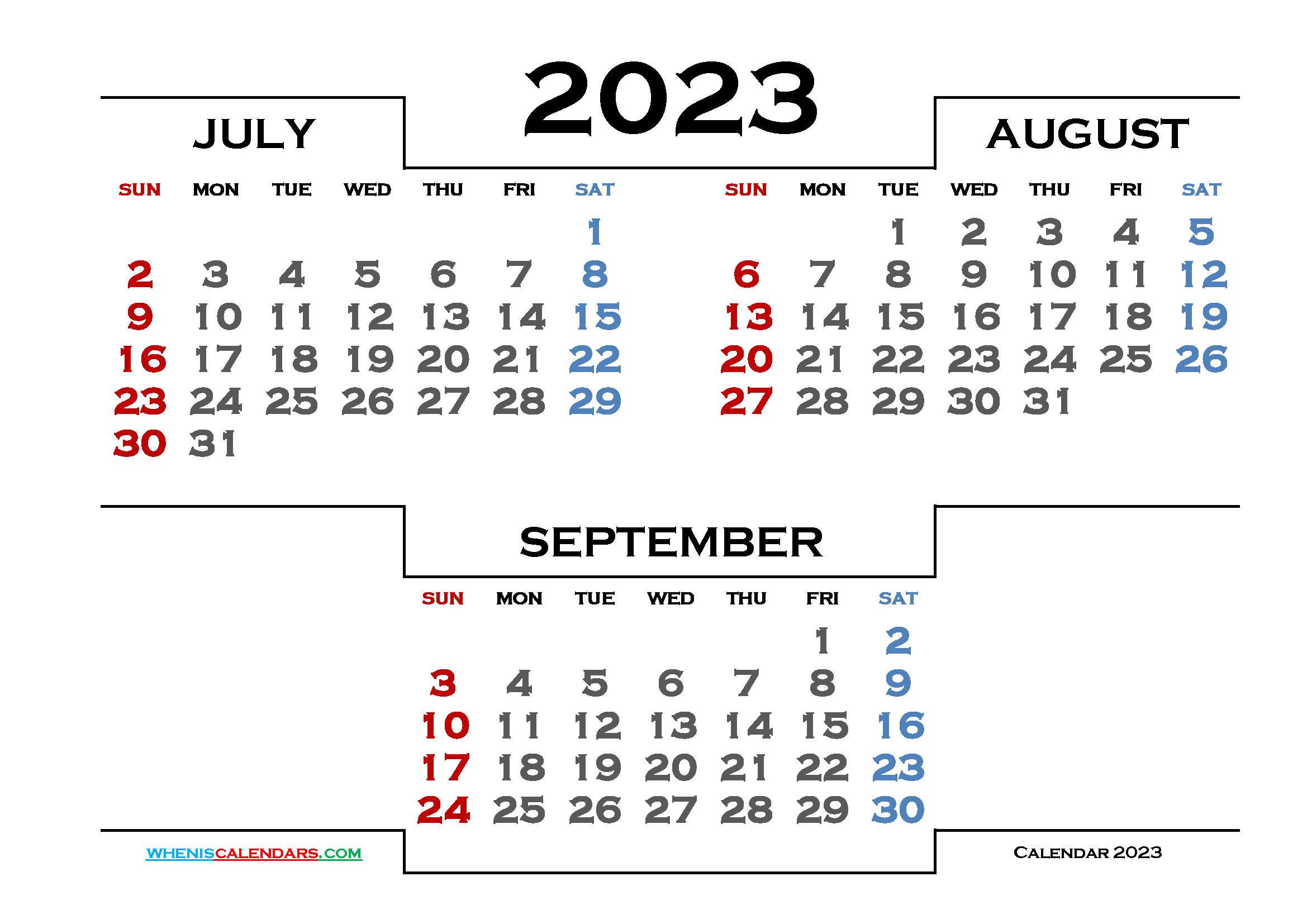 Free July August September 2023 Calendar Printable
