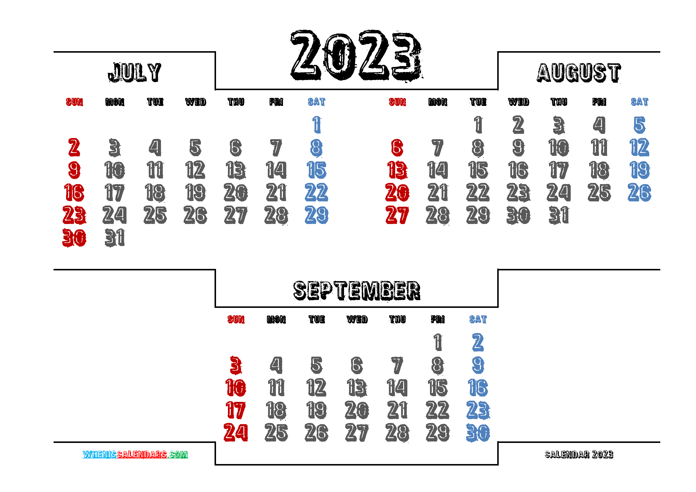Free July August September 2023 Quarterly Calendar