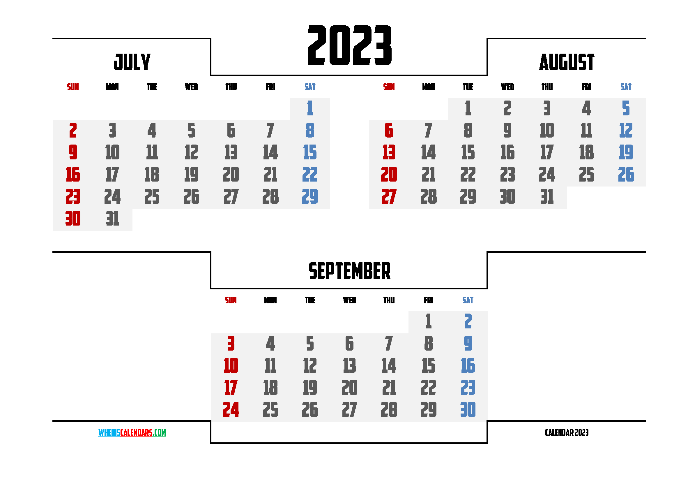 Free July August September 2023 Quarterly Calendar