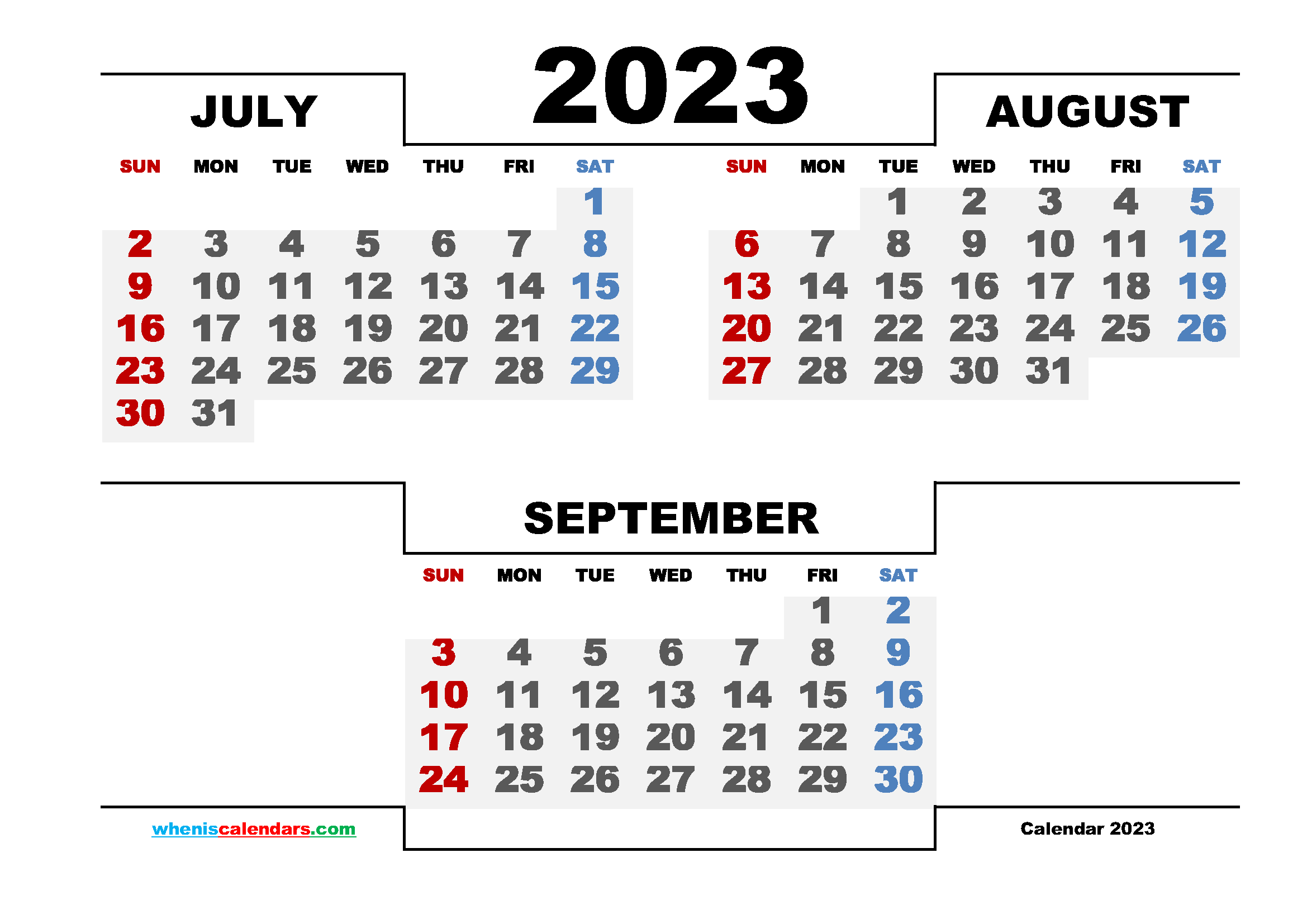 Calendar July August September 2023 Printable